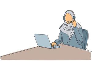 en enda linje ritning av ung vänlig arabisk kvinna på hijab svara kund klaga samtal av trasig ny produkt. callcenter service vård koncept kontinuerlig linje rita design vektor illustration