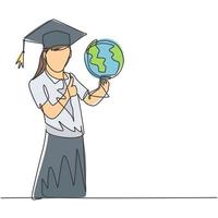 en linje ritning av ung glad kvinnlig student bär en jordglob och bär examen hatt och ger tummen upp gest. utbildning koncept kontinuerlig linje grafisk rita design vektor illustration