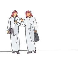 einzelne durchgehende Strichzeichnung junger muslimischer Geschäftsleute, die zusammen gehen, während sie nach der Arbeit nach Hause gehen. Arabischer Naher Osten Tuch Kandura, Thawb, Robe, Hijab. ein Unentschieden Design-Vektor-Illustration vektor