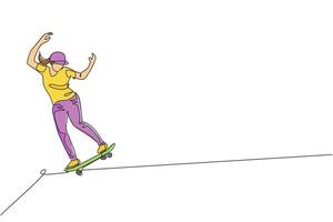Eine durchgehende Linie zeichnet einen jungen coolen Skateboarder, der Skateboard fährt und einen Rutschtrick im Skatepark macht. extremes Teenager-Sportkonzept. dynamische einzeilige zeichnen design vektorgrafik illustration vektor