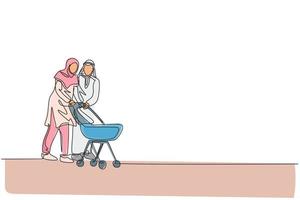 en enda radritning av ung arabisk mor och far går och skjuter barnvagn på utomhusparken vektor illustration. islamiska muslimska lyckliga familj föräldraskap koncept. kontinuerlig linje ritning design