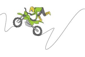 eine durchgehende Strichzeichnung eines akrobatischen Flugsprungs eines jungen Motocross-Fahrers in die Luft. Extremsportkonzept. dynamische Single-Line-Draw-Design-Vektorillustration für Motocross-Wettkampfplakat vektor