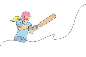 en enda linjeteckning av ung energisk kvinna cricketspelare lyckat slå bollen home run vektorillustration. sport koncept. modern kontinuerlig linje ritning design för cricket konkurrens banner vektor