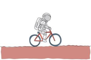 en enda radritning av rymdmannen astronaut som cyklar på månytan, kosmisk galax vektor illustration. friska rymden kosmonaut livsstil sport koncept. modern kontinuerlig linje rita design