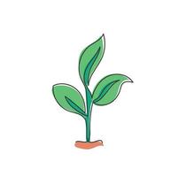 Eine einzige Strichzeichnung einer natürlichen grünen Bio-Plantage für die Identität des Landwirtschaftslogos. Pflanzenknospe Ökologie Symbol Konzept aus der Form des Wachstumsblattes. trendige durchgehende Linie zeichnen Design-Vektor-Illustration vektor