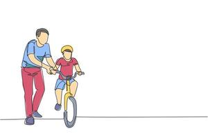 einzelne durchgehende Strichzeichnung von kleinen Kindern, die mit dem Vater im Outdoor-Park Fahrrad fahren lernen. Elternschaftsunterricht. Familienzeit-Konzept. trendige eine linie zeichnen design vektorillustrationsgrafik vektor