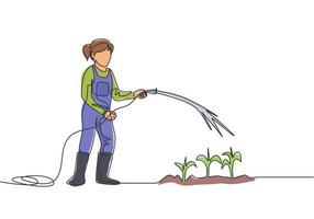 kontinuerlig en linje ritning ung kvinnlig bonde står på gården fält medan vattna växterna med en slang. jordbrukare plantering aktiviteter koncept. enkel linje rita design vektor grafisk illustration.