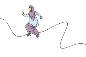 einzelne Zeichnung einer jungen arabischen Geschäftsfrau, die aktiv hoch in den Himmel springt. minimales Konzept für das finanzielle Wachstum des Unternehmens. moderne durchgehende Linie zeichnen Design-Grafik-Vektor-Illustration vektor