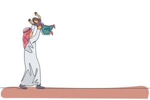 en kontinuerlig linjeteckning av ung islamisk pappa som leker och lyfter sin dotter upp i luften. glad arabisk kärleksfull föräldraskap familj koncept. dynamisk enkel linje rita design vektor illustration
