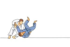 Eine einzige Strichzeichnung von zwei jungen, energischen Judokas-Kämpfern kämpft in der grafischen Vektorillustration des Fitnessstudios. Kampfkunst-Sportwettbewerbskonzept. modernes Design mit durchgehender Linie vektor