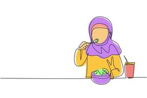 Kontinuierliche eine Strichzeichnung arabisches Mädchen mit Salatessen mit Gabel um den Tisch. glücklich und genießen Sie das Frühstück am Morgen. leckeres und gesundes Essen. Einzeilige Zeichnung Design Vektorgrafik Illustration vektor