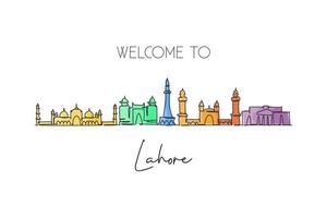 einzelne fortlaufende Linienzeichnung der Skyline von Lahore, Pakistan. berühmte stadt kratzer landschaft wohnkultur wand kunst poster druck. Weltreisekonzept. moderne einzeilige abgehobene betragsdesign-vektorillustration vektor