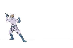 en enda linjeteckning av unga energiska japanska traditionella ninja som håller samurajsvärd på attack poserar vektorillustration. stridbar kampsport sport koncept. modern kontinuerlig linjeritningsdesign vektor