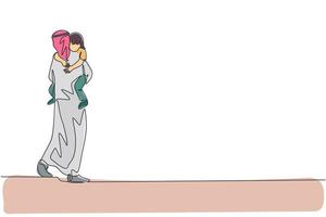 en enda linje ritning av ung islamisk pappa bär och kramar sin sömniga dotter till sovrum vektor illustration. glad arabisk muslimsk familj föräldraskap koncept. modern kontinuerlig linje rita design