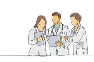 eine durchgehende einzeilige Zeichnung von männlichen und weiblichen Ärzten, die den Gesundheitszustand des Patienten besprechen, während sie den medizinischen Bericht lesen. Medizinisches Checkup-Konzept Single-Line-Draw-Design-Vektor-Illustration vektor