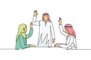 enda kontinuerlig linje ritning av unga manliga och kvinnliga muslimska företag grundare rösta för att välja ny företagsledare. arabisk Mellanöstern tyg kandura, hijab, mantel. en linje rita design vektor illustration