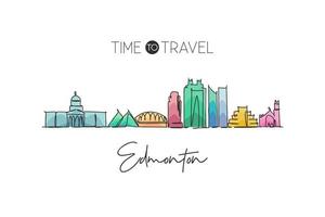 eine durchgehende Linienzeichnung der Skyline von Edmonton, Kanada. schöner Wahrzeichen-Wanddekor-Plakatdruck. Weltlandschaftstourismus Reiseurlaub. stilvolle einzeilige zeichnen-design-vektorillustration vektor