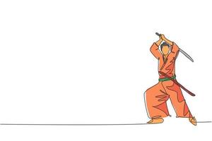 en enda linjeteckning av ung japansk samurajkrigare som håller katanasvärd och tränar på dojocenter vektorillustration. stridbart kampsportkoncept. modern kontinuerlig linjeritningsdesign vektor