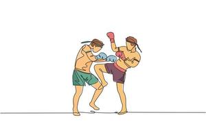 eine durchgehende Linienzeichnung von zwei jungen sportlichen Muay-Thai-Boxern, die sich darauf vorbereiten, Sparring zu kämpfen, Duell in der Box-Arena. Kampfsport-Spielkonzept. dynamische einzeilige Zeichnungsdesign-Vektorillustration vektor