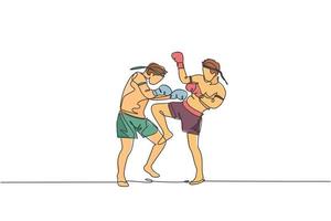 en kontinuerlig linjeteckning av två unga sportiga muay thai boxermän som förbereder sig för att slåss med sparring, duell på boxarena. fighting sport spelkoncept. dynamisk enda rad rita design vektorillustration vektor