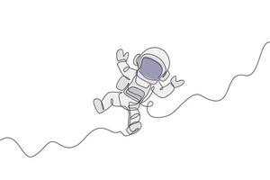 en kontinuerlig linjeteckning av ung astronautforskare som utforskar rymden i retrostil. rymdman kosmos upptäckt koncept. dynamisk enkel linje rita grafisk design vektor illustration