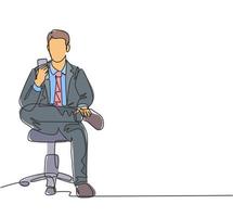 Eine einzige Strichzeichnung des jungen männlichen Managers berührt den Smartphone-Bildschirm während des Sitzens, entspannen Sie sich auf dem Arbeitsstuhl und senden Sie dem Partner eine SMS. Arbeitsruhekonzept kontinuierliche Linie zeichnen Design-Vektor-Illustration vektor