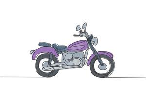 enda kontinuerlig linjeteckning av gammal klassisk vintage motorcykelsymbol. retro motorcykeltransport koncept en linje rita grafisk design vektor illustration