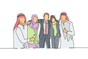 en kontinuerlig linje ritning av unga manliga och kvinnliga muslimska affärsmän som omfamnar axeln varandra. islamiska kläder shemag, hijab, halsduk, keffiyeh. enkel linje rita design vektor illustration