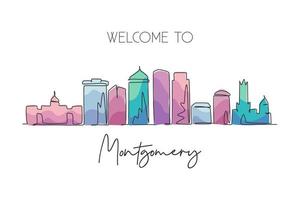 Eine durchgehende Strichzeichnung der Skyline von Montgomery, Alabama. schönes Wahrzeichen. Weltlandschaftstourismus Reisewanddekor Plakatkunst, Postkarte. stilvolle einzeilig zeichnende Design-Vektorillustration vektor