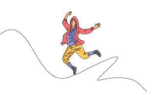 Eine durchgehende Strichzeichnung eines jungen sportlichen Breakdancer-Mannes zeigt Hip-Hop-Spring-Tanzstil auf der Straße. urbanes Lifestyle-Sportkonzept. dynamische einzeilige Zeichnungsdesign-Vektorgrafikillustration vektor