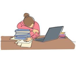 enda kontinuerlig ritning av ung trött kvinnlig anställd som sover på skrivbordet med bärbar dator och hög med papper. arbetströtthet på kontoret koncept en linje rita design vektor illustration