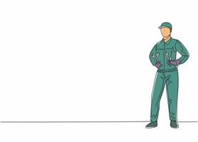 Single One-Line-Zeichnung der jungen männlichen Mechaniker-Pose, die auf Werkstattgarage steht. professionelle arbeit beruf und beruf minimales konzept. durchgehende Linie zeichnen Design-Grafik-Vektor-Illustration vektor