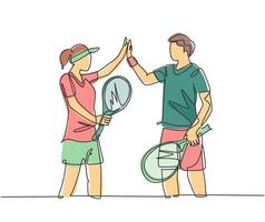 en radritning av unga roliga par man och kvinna som spelar tennis på gräsplan tillsammans och ger hög fem gest. relation koncept kontinuerlig linje rita grafisk design vektor illustration