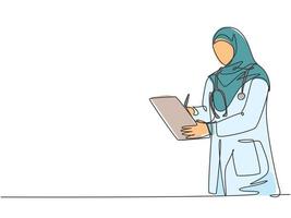 en enda radritning av ung arabisk muslimah läkare iklädd hijab som skriver medicinsk rapport på urklipp på sjukhuset. medicinsk sjukvård koncept kontinuerlig linje rita design vektor illustration