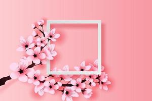Illustration von Papier Kunst und Kunst Weiß Rahmen Frühling Jahreszeit Kirsche blühen Konzept, Frühling mit Sakura Zweig, Blumen- Kirsche blühen mit Rosa Blumen auf Platz Text Raum Weiß Hintergrund, Vektor.