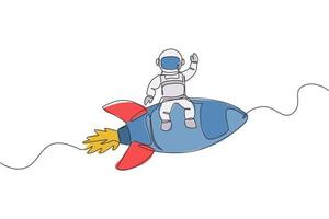 Eine durchgehende Strichzeichnung eines Raumfahrer-Astronauten, der mit der Hand winkt und auf einer fliegenden Rakete sitzt. Kosmonautenforschung des Weltraumkonzepts. dynamische einzeilige Grafikdesign-Vektorillustration zeichnen vektor