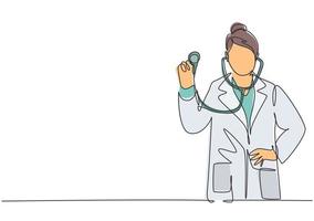 en enda radritning av ung glad kvinnlig läkare poserar stående och håller stetoskop på sjukhuset. medicinsk hälsovård service excellence koncept kontinuerlig linje rita design vektor illustration