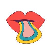 rot Karikatur Lippen mit hervorstehend Regenbogen Zunge. retro groovig 1970 Stil, Hippie Jahrgang nostalgisch Symbol. zum Karte Poster Aufkleber. Vektor Veranschaulichung.