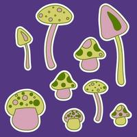 uppsättning klistermärken med annorlunda grön och rosa svamp med en mörk stroke i hippie stil vektor