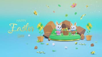 färgrik påsk bakgrund med två söt kanin element stående på podium och dekorerad med blommor och ägg. vektor