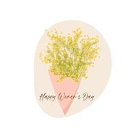8 Mars hälsning kort. internationell kvinnors dag. calligraphic hand skriven fras och hand dragen blommor mimosa. vektor