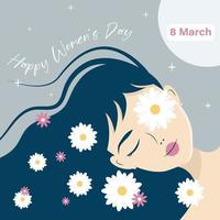 Banner Poster zum International Damen Tag März 8. Geschenk Karte mit Karikatur Charakter - - Mädchen und Blumen. vektor