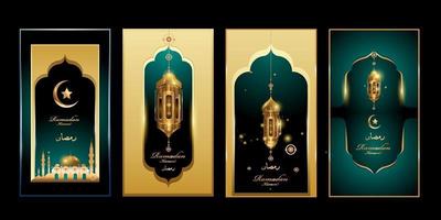ramadan kareem i grön och guldfärg med lykta och moskéillustration för banner, hälsning och sociala medier