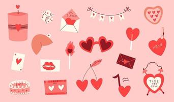 Lycklig hjärtans dag hand dragen klistermärken samling. vektor isolerat romantisk element och hjärtan på rosa bakgrund
