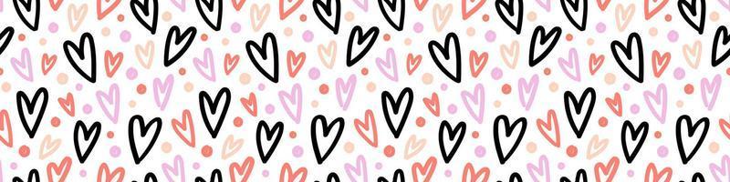 hand dragen hjärtan sömlös mönster för textil, tapet, hälsning kort, omslag, paket design. enkel bakgrund i rosa, röd, beige, svart. vektor illustration.