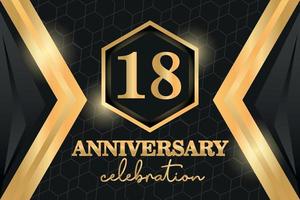 18 Jahre Jahrestag Logo golden farbig Vektor Design auf schwarz Hintergrund Vorlage zum Gruß