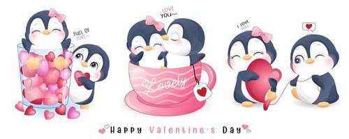 söt doodle pingvin för alla hjärtans dag samling vektor