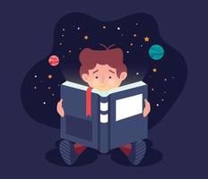 värld bok dag - pojke läsning fantasi baner vektor