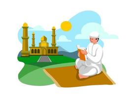 platt design illustration av en pojke läsning quran med moské bakgrund vektor