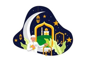 ramadan tema platt design illustration av en pojke innehav en quran vektor